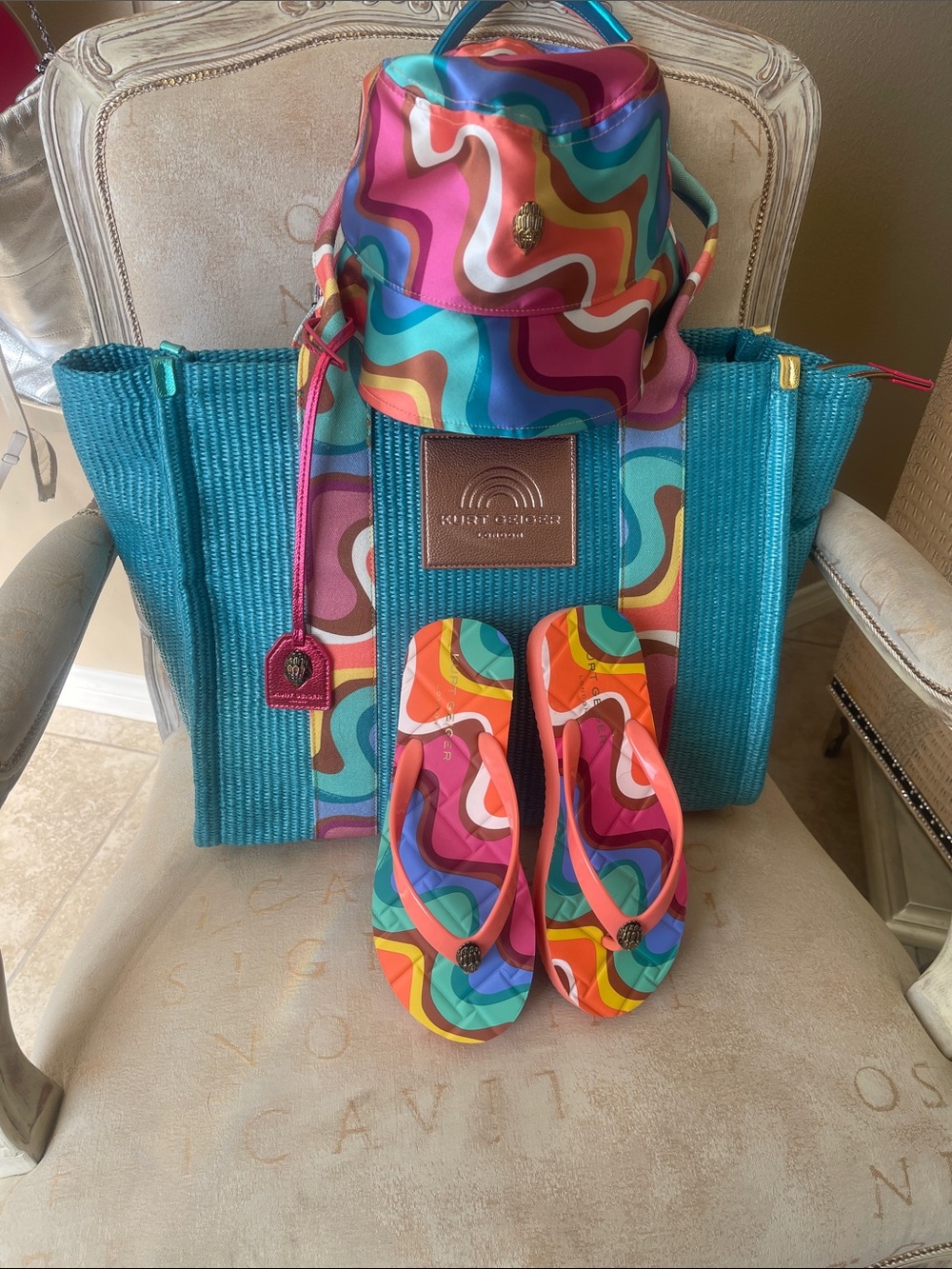 Kurt Geiger Multicolor Swirl Tote, Bucket Hat & Flip Flops Set